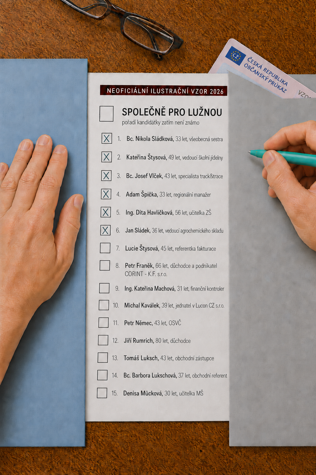 Hlasovací lístek Společně pro Lužnou se šesti křížky